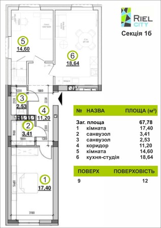 Продаж 2 кім. квартири  67,78 м², кухня-студія - 18,64м² ЖК"Ріел Сіті" - фото 1