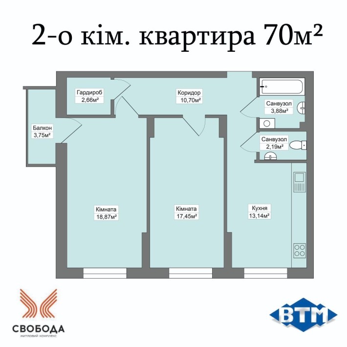 Квартира 70 м² в ЖК “Свобода” — сучасний комфорт від забудовника. - фото 1