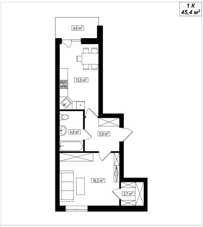 1-кімнатна квартира 45,4 м2 в ЖК Амстердам Клубний - фото 1