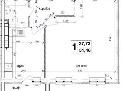 1к квартира площею 51,6 м² (Євродвушка). Коцюбинское