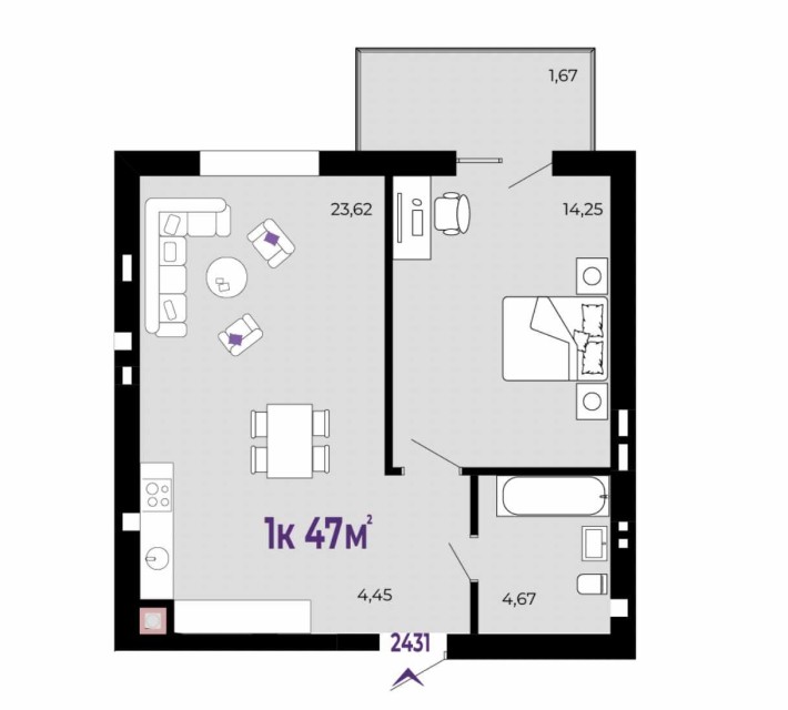 1к квартира 47 м.кв. з кухнею-студіо - фото 1