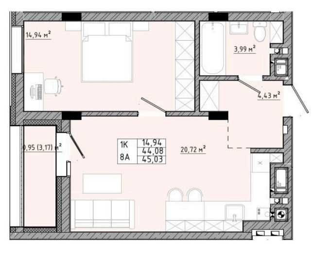 Продаж 1кім. квартири 45.5м2 \ ЖК Спортивна бічна вул. Стрийська - фото 1