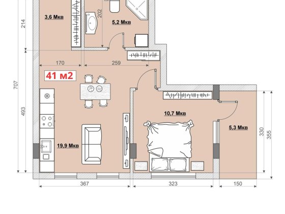 Однокімнатна квартира 41 м2 з балконом в новобудові ЖК "MISTO" Тячів