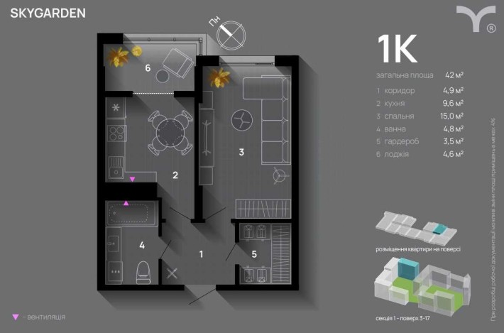 1 кімнатна ЖК Skygarden 1 секція 14 поверх видовий Власник! - фото 1