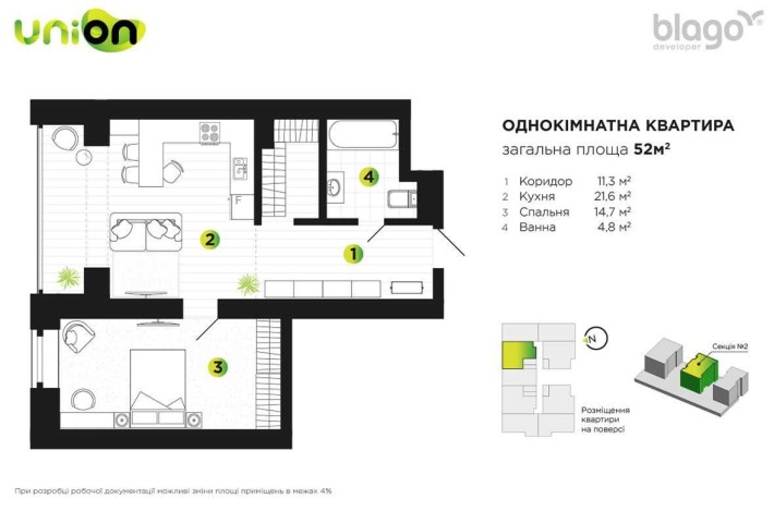 Здана 1кім квартира в ЖК Юніон - фото 1