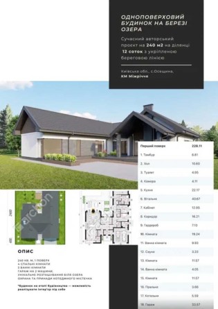 Продам одноповерховий будинок 240 м2 в КМ Міжріччя на березі озера. - фото 1