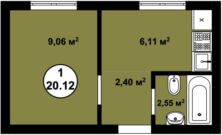 1 кім. квартира | 20.12 кв.м. | Не студія - окрема кухня | Без Комісії - фото 1