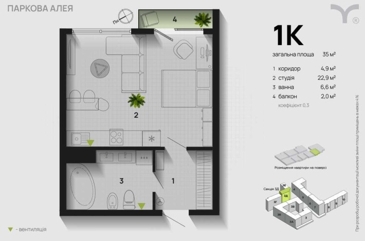 Продаж 1 кімнатної квартири в ЖК Паркова Алея Розтермінування - фото 1
