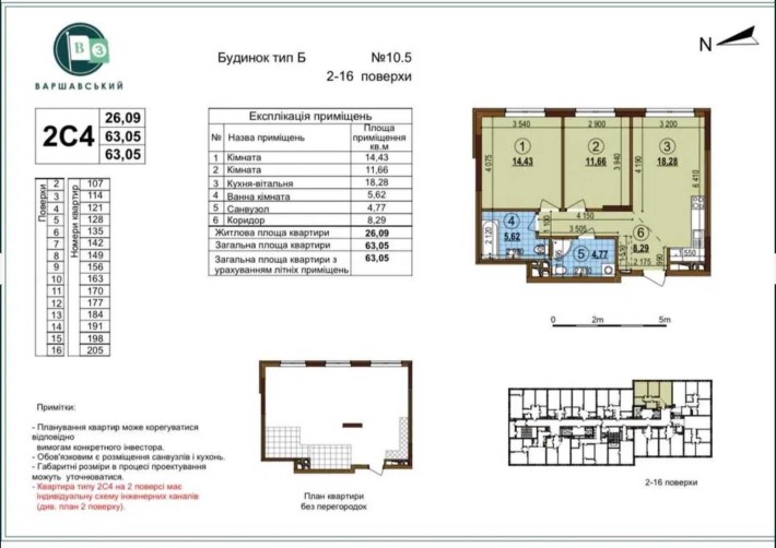 ЖК "Варшавський 3".Буд. 10.5. 2 кімн. квартира 63 метрів.Вікна у Двір! - фото 1