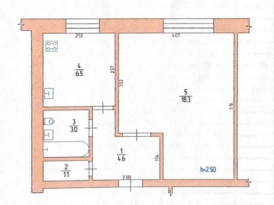 Шостка, 1 кімнатна квартира 33,5  м.кв. на 1 поверсі цегляного будинку Шостка