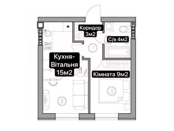 Одно кімнатна Квартира 2-гий поверх з Гарним  Видом в двір Святопетровское