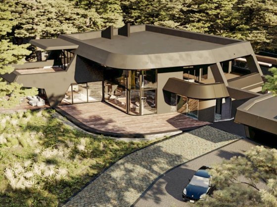 Лісники. КМ Хутір Ясний. Будинок у стилі Hi Tech, межує з заповідником Лесники