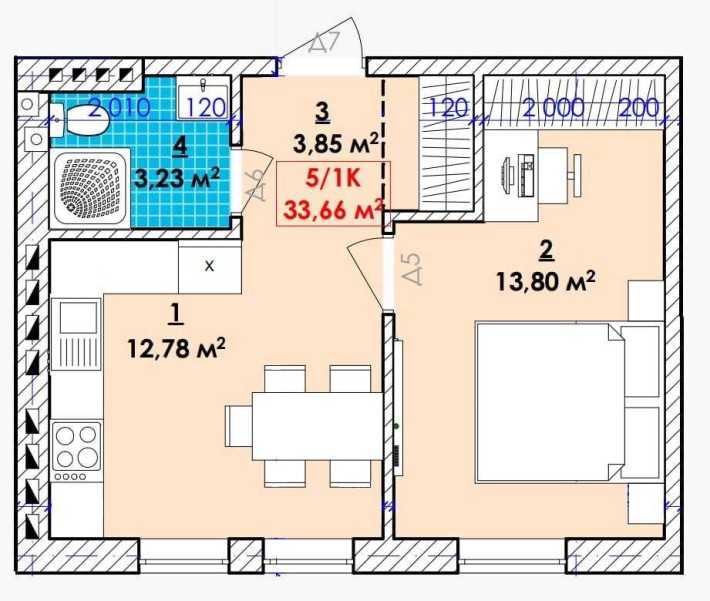 1 кім квартира , площа 33.66 м.кв , вул. Довбуша(Чукалівка) - фото 1