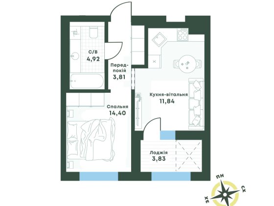 Без комісії, 1к квартира, 39м.кв Вишневе