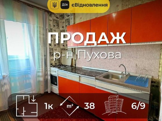 Р-н Пухова ,1 кімнатна 38м2,житловий стан,Сертифікат(NN) Чернігів