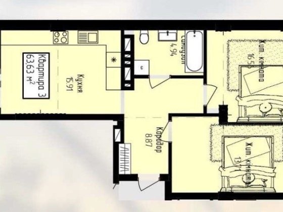 Продаж чорнової 2-х кімнатної. ЖК Радіщева Новий. Площа 64 Ужгород