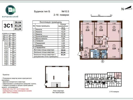 Продам 3-кімнатну квартиру в ЖК Варшавський 3 - буд.10.5 Киев