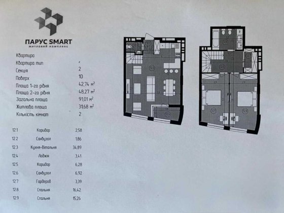 Продаж дворівневої квартири 93,3м2 ЖК Парус Смарт, 85000$ Львів