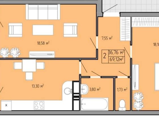 2-комнатная 69м2 ,5 этаж. Рассрочка 3 года.Взнос $13824. Без комиссии.