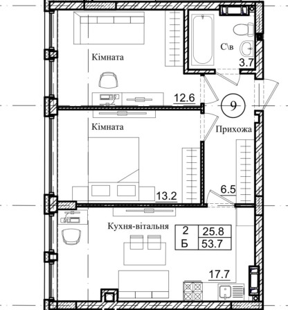 2-кімн 53,7м2 в с.Святопетрівське вул.Володимирська, 36А - фото 1