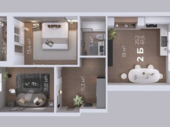 2 К квартира 61.56 м2 Михайловка-Рубежовка