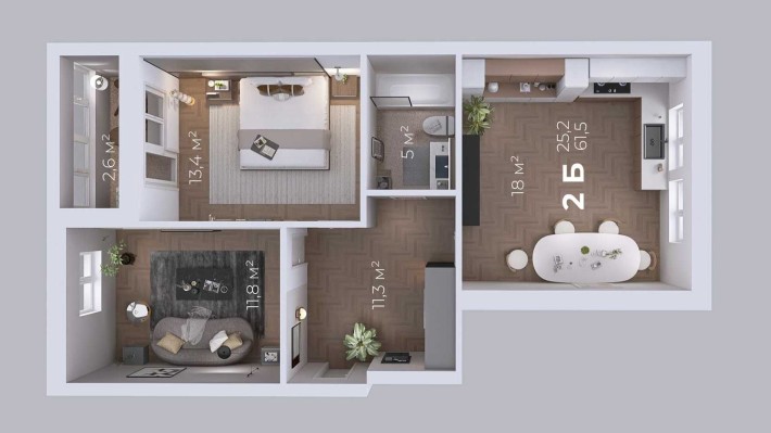 2 К квартира 61.56 м2 - фото 1