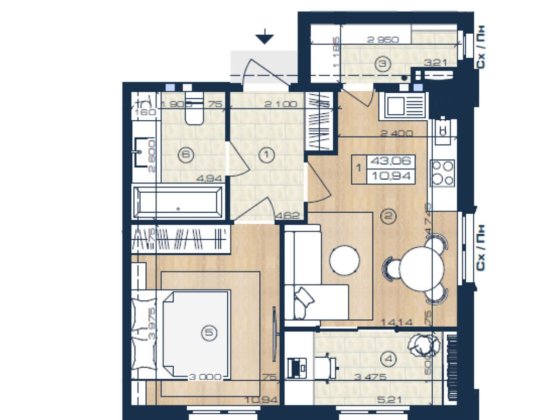 1кк, 1 кімнатна квартира 43,06 м2 ЖК "Оксфорд" Чайки