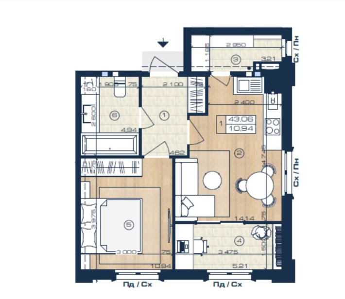 1кк, 1 кімнатна квартира 43,06 м2 ЖК "Оксфорд" - фото 1