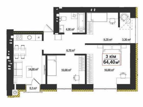 Трикімнатна квартира 64,4 м.кв. НАПРЯМУ ВІД ЗАБУДОВНИКА! Івано-Франківськ