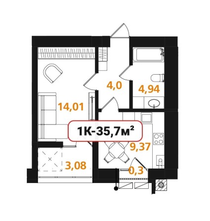 Опришівська Слобода, квартира 35,7м з французьким балконом!!! - фото 1