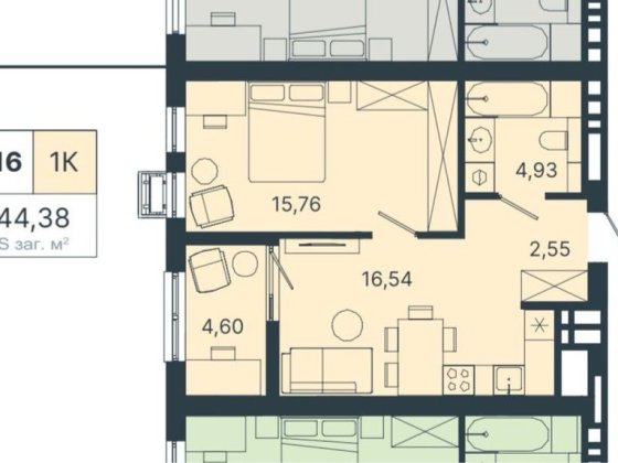 Квартира однокімнатна 44,38м2 Львов