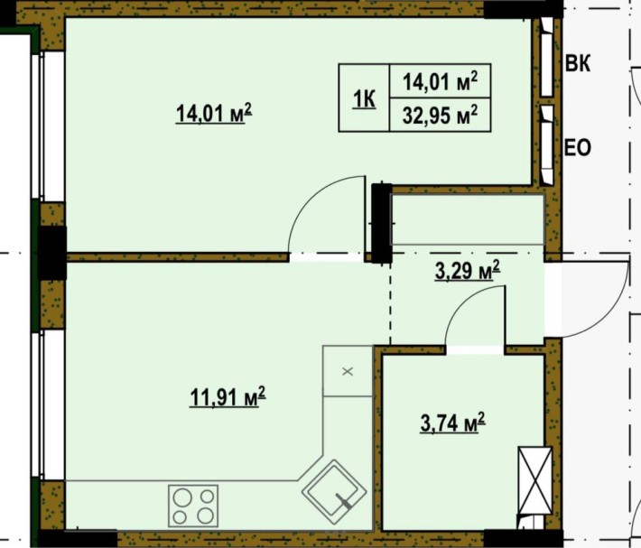 1-кімнатна квартира 32,95 м², 3 поверх, новобудова - фото 1