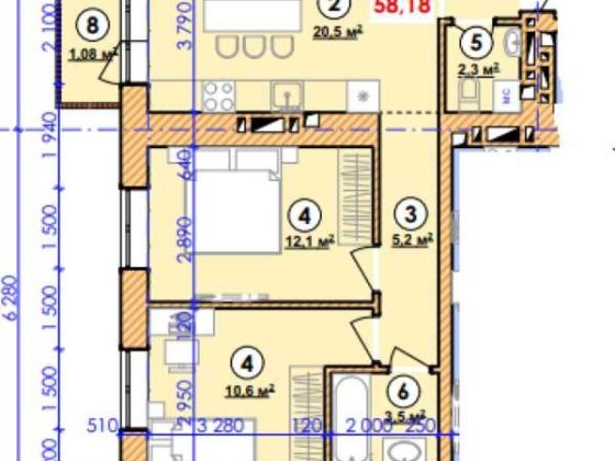 2 кім квартира, площа 58.18 м кв ,вул. О.Пчілки Калуш