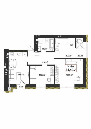 Трикімнатна квартира 64,4 м.кв. НАПРЯМУ ВІД ЗАБУДОВНИКА! - фото 1