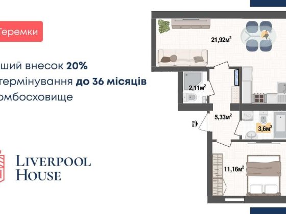 Євродвушка 44м² в Києві для інвестицій. ЖК Liverpool House Київ