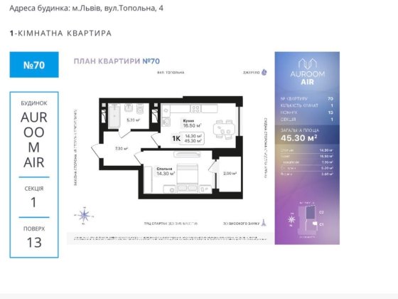 Продається 1-кімнатна квартира у ЖК Аурум Ейр Львов