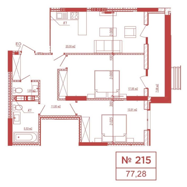 Велика 2-кімн. квартира (77 м2) від забудовника в готовому будинку - фото 1