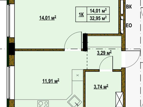 1-кімнатна квартира 32,95 м², 3 поверх, новобудова