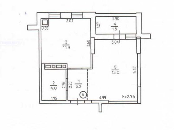 1 кім. кв. з індивідуальним опаленням , 36м2