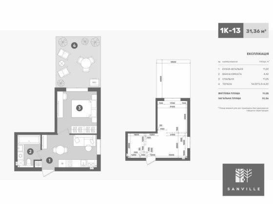 Продаж квартири 33.46м2 з терасою 14м жк Sanville park від Забудовника Святопетровское