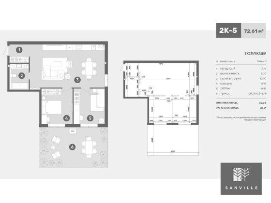 Продаж квартири 71.92м2 з терасою жк Sanville park від Забудовника Святопетровское