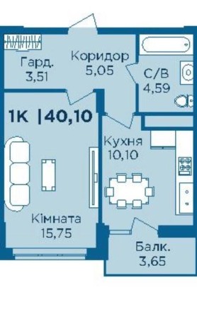 1-кімнатна квартира в ЖК URBАN, 40.1 м² - фото 1