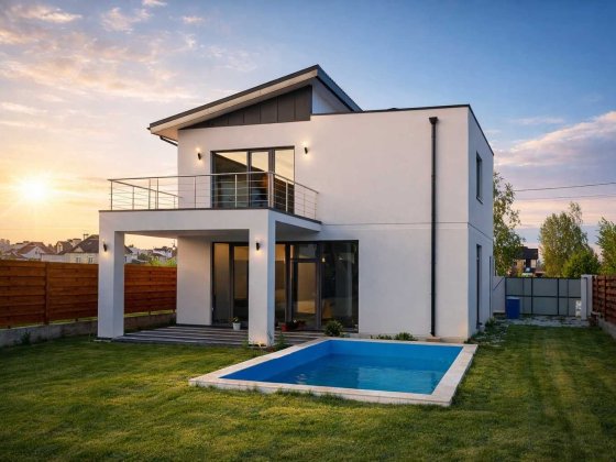 Сучасний будинок в стилі хайтек з терасою та з басейном на вулиці Петропавлівська Борщагівка