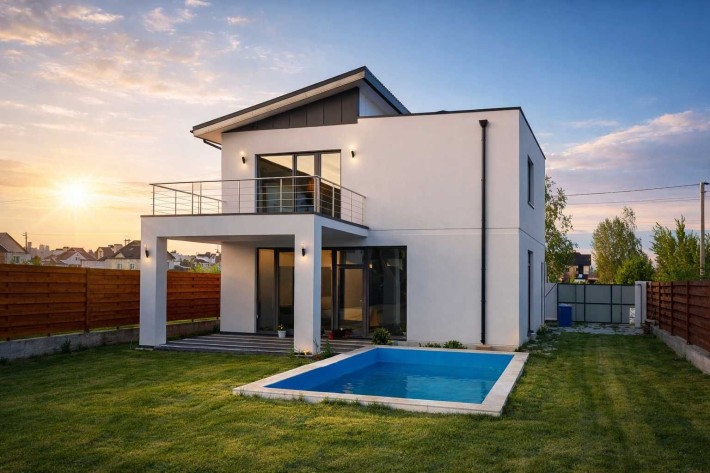 Сучасний будинок в стилі хайтек з терасою та з басейном на вулиці - фото 1