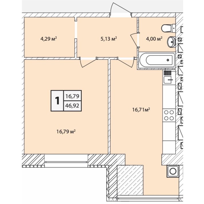 1кімнатна квартира 46м2 з можливістю перепланування під євродвушку - фото 1