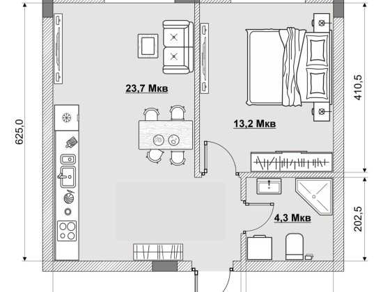 Однокімнатна квартира 41.7 м2 з двориком в новобудові жк MISTO Тячев