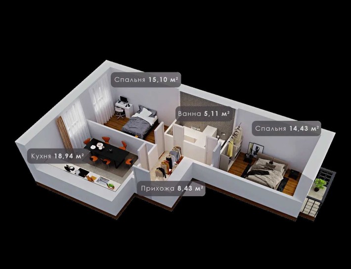 Готова двокімнатна квартира з балконом, двостороннє планування, 63м. - фото 1