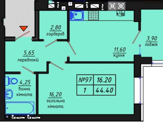 Велика 1 кімнатна в новобудові на Середньому поверсі