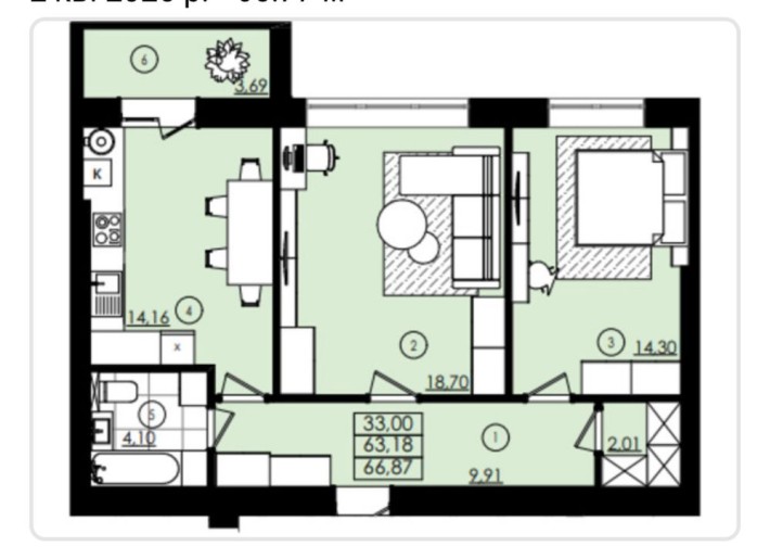 2К 66м.кв жк Вишневий - фото 1