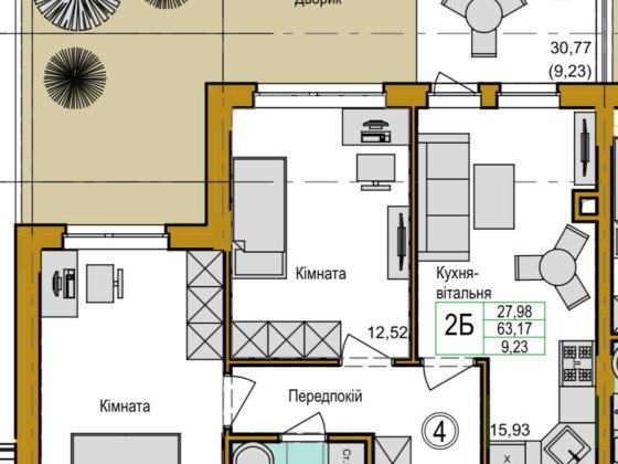 2-кімнатна квартира 63 м² з власним двориком кухня-вітальня 20 м² Хотів